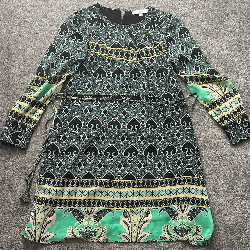 LOFT Green and Black Patterned Dress size XS